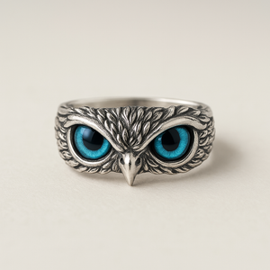 Owl of Good Luck Adjustable Ring in Silver and Opal