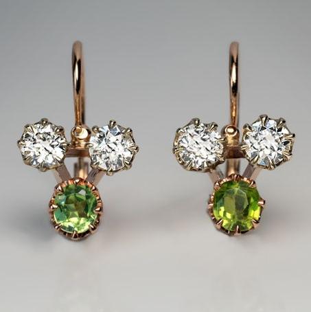 Vintage Green & White Zirconia Golden Earrings