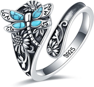 Sterling Silver Turquoise Spoon Ring – Vintage Boho Wrap Ring with Dragonfly