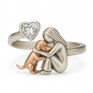 Handcrafted 925 Sterling Silver Dog Ring with Heart-Shaped Zirconia – Adjustable Fit