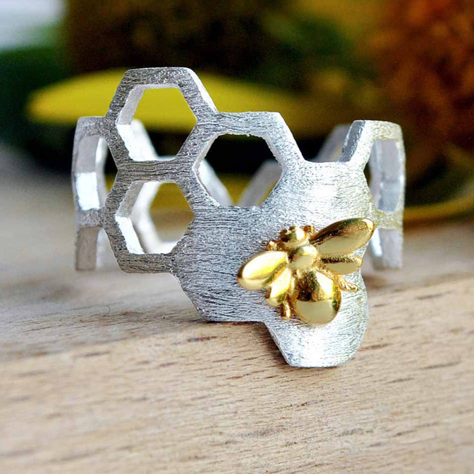 Adjustable 18K Gold Plated Honeycomb Ring