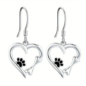 Silver Drop Earrings with Heart & Paw Design