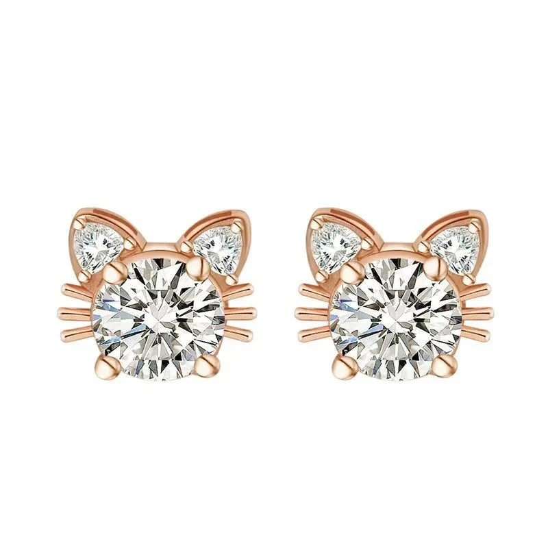 Moissanite Rose Gold Cat Stud Earrings in 925 Sterling Silver