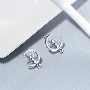 Moon & Cat Sterling Silver Stud Cat Earrings