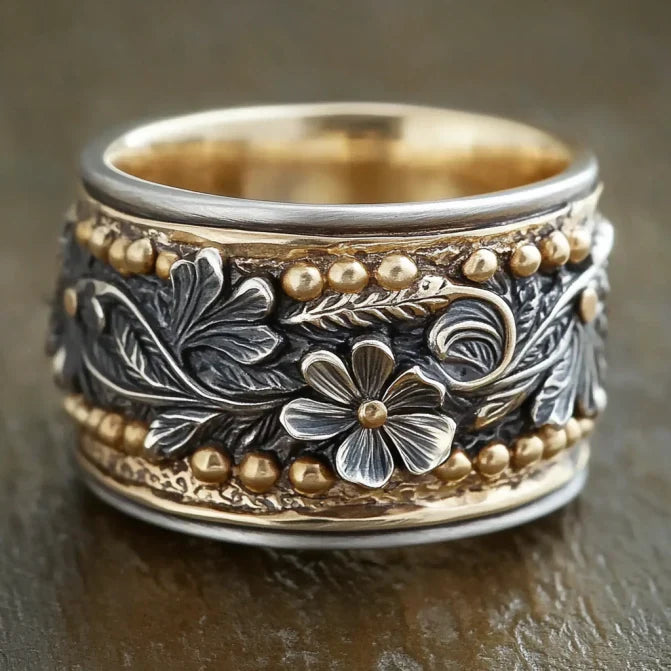 Vintage Silver Flower Golden Ring