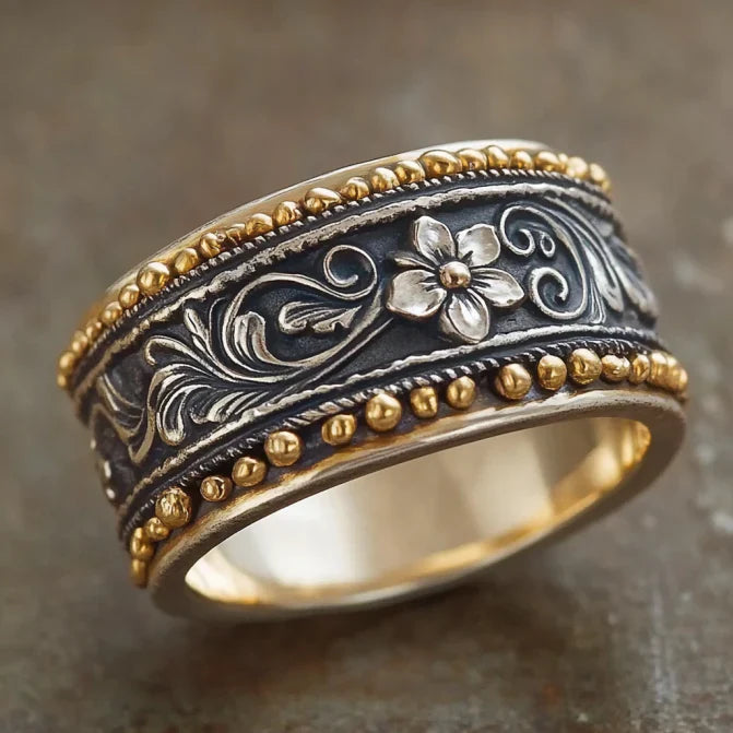 Vintage Gold Beads Silver Flower Ring