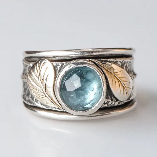 Vintage Silver Leaf Blue Glass Ring