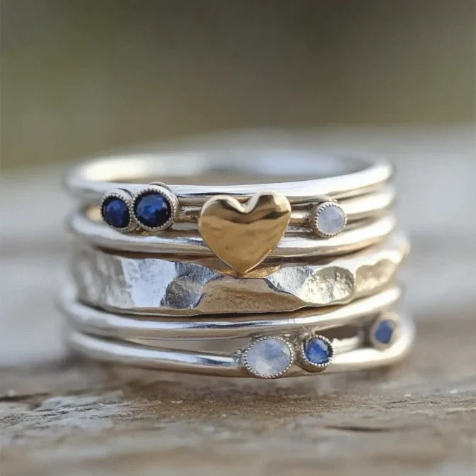 Layered Boho Gold Heart Silver Ring