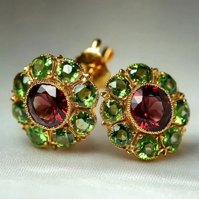 Vintage Crystal Green & Red Flower Earrings