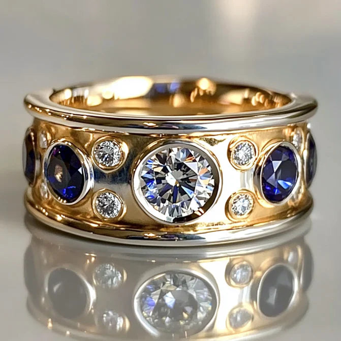 Vintage Blue & White Glass Gold & Silver Ring