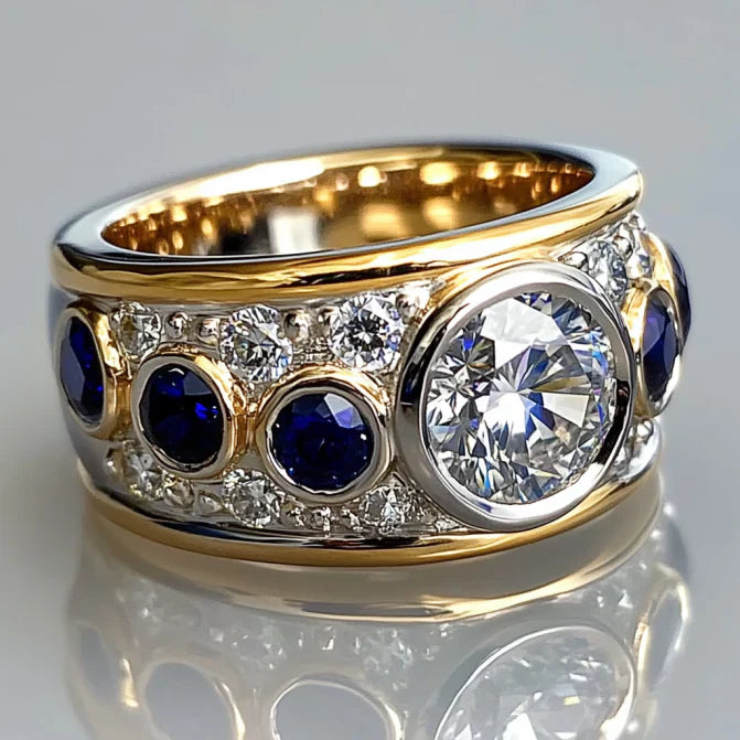 Vintage Thick Blue & White Zirconia Gold & Silver Ring
