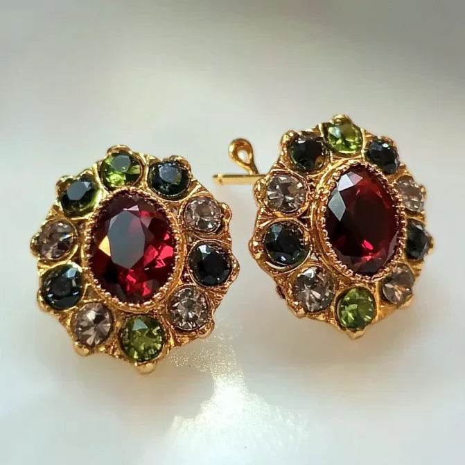 Vintage Bright Rounded Dark Green & Red Earrings