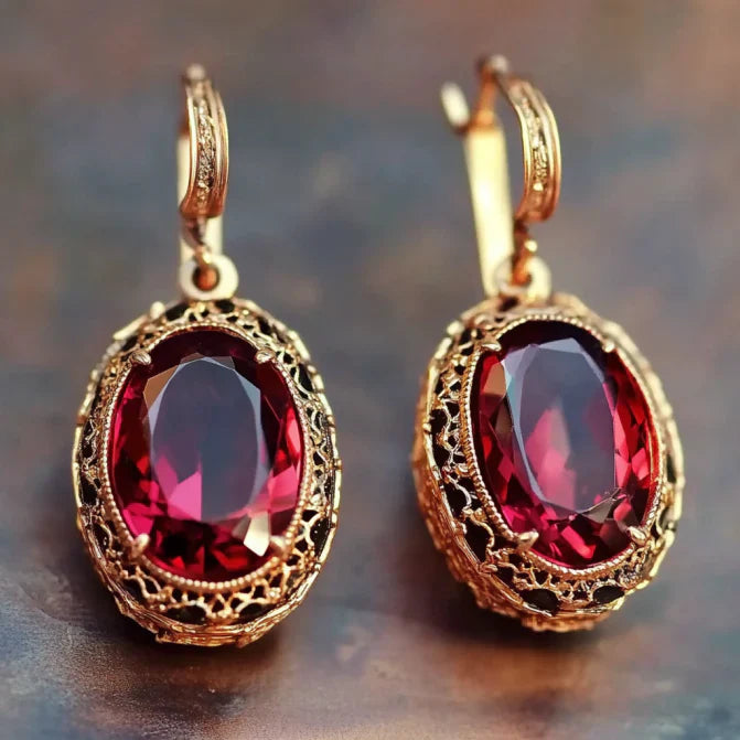 Vintage Red Crystal Gold Earrings