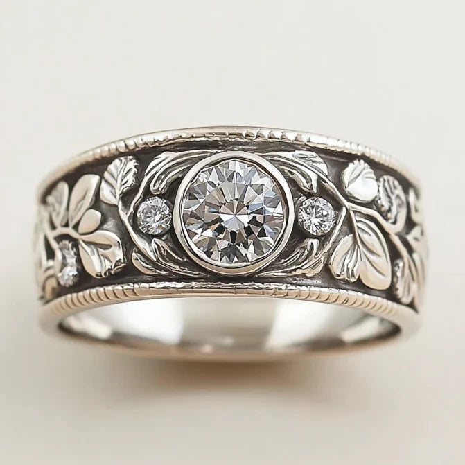 Vintage Silver Leaf Zirconia Ring