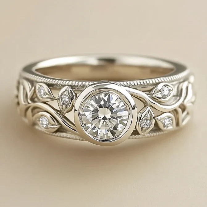 Vintage Zirconia Leaf Silver Ring