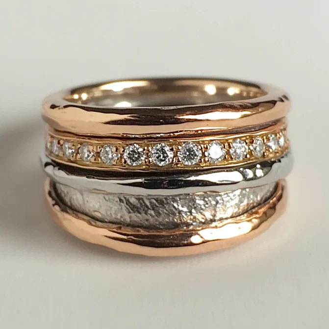 Vintage Thick Gold & Silver Forged Zirconia Ring