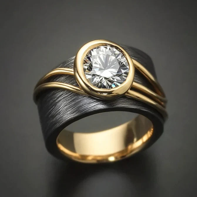 Vintage Golden Fine Line Dark Silver Zirconia Ring
