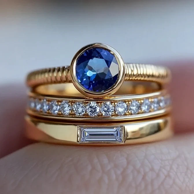 Vintage Gold Blue Zirconia Ring Set