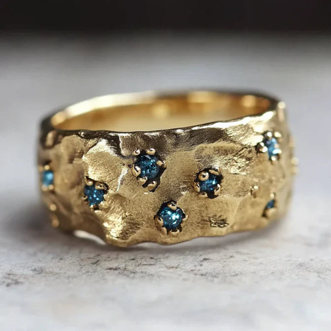 Vintage Blue Inlaid Stones Gold Ring