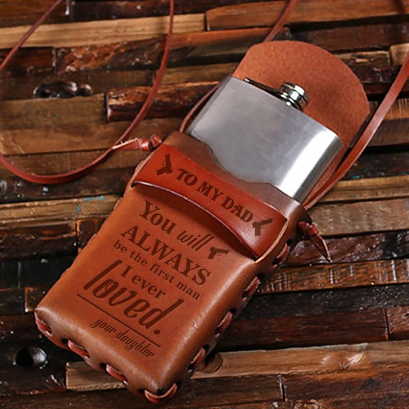 Daughter To Dad - 8oz Metal Flask with Engraved Leather Carrying Pouch