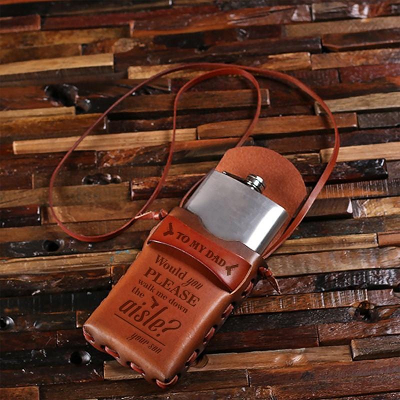 Son To Dad - 8oz Metal Flask with Engraved Leather Carrying Pouch