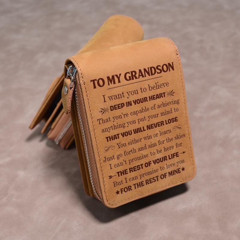 To My Grandson - Genuine Premium Leather Zipper Card Wallet