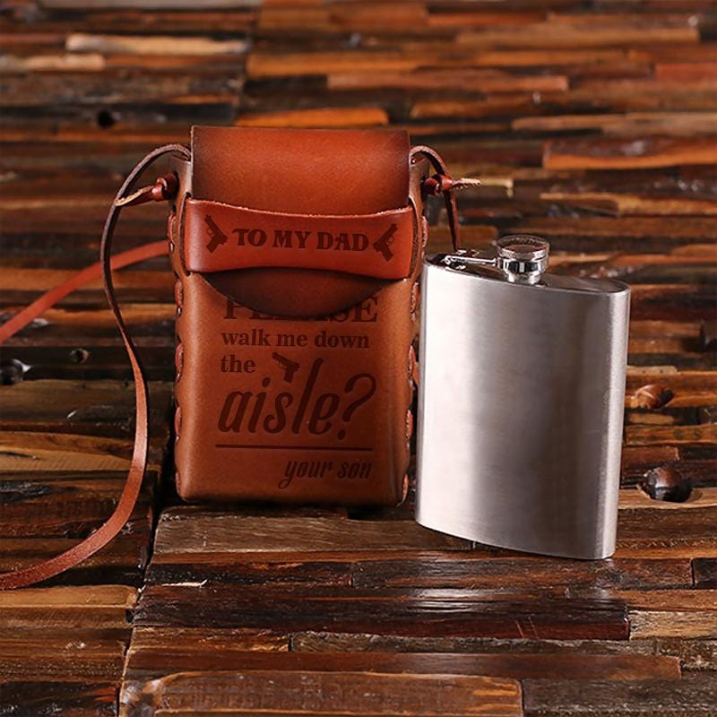 Son To Dad - 8oz Metal Flask with Engraved Leather Carrying Pouch