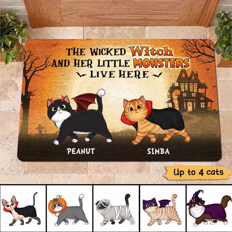 Halloween Wicked Witch And Walking Fluffy Cats Live Here Personalized Doormat