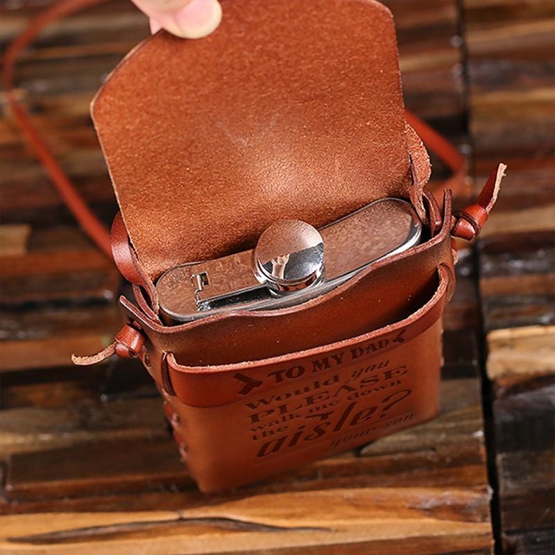 Son To Dad - 8oz Metal Flask with Engraved Leather Carrying Pouch