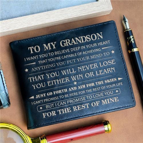 To My Grandson - Never Lose - Black Genuine Leather Wallet