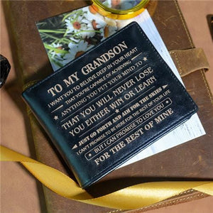 To My Grandson - Never Lose - Black Genuine Leather Wallet