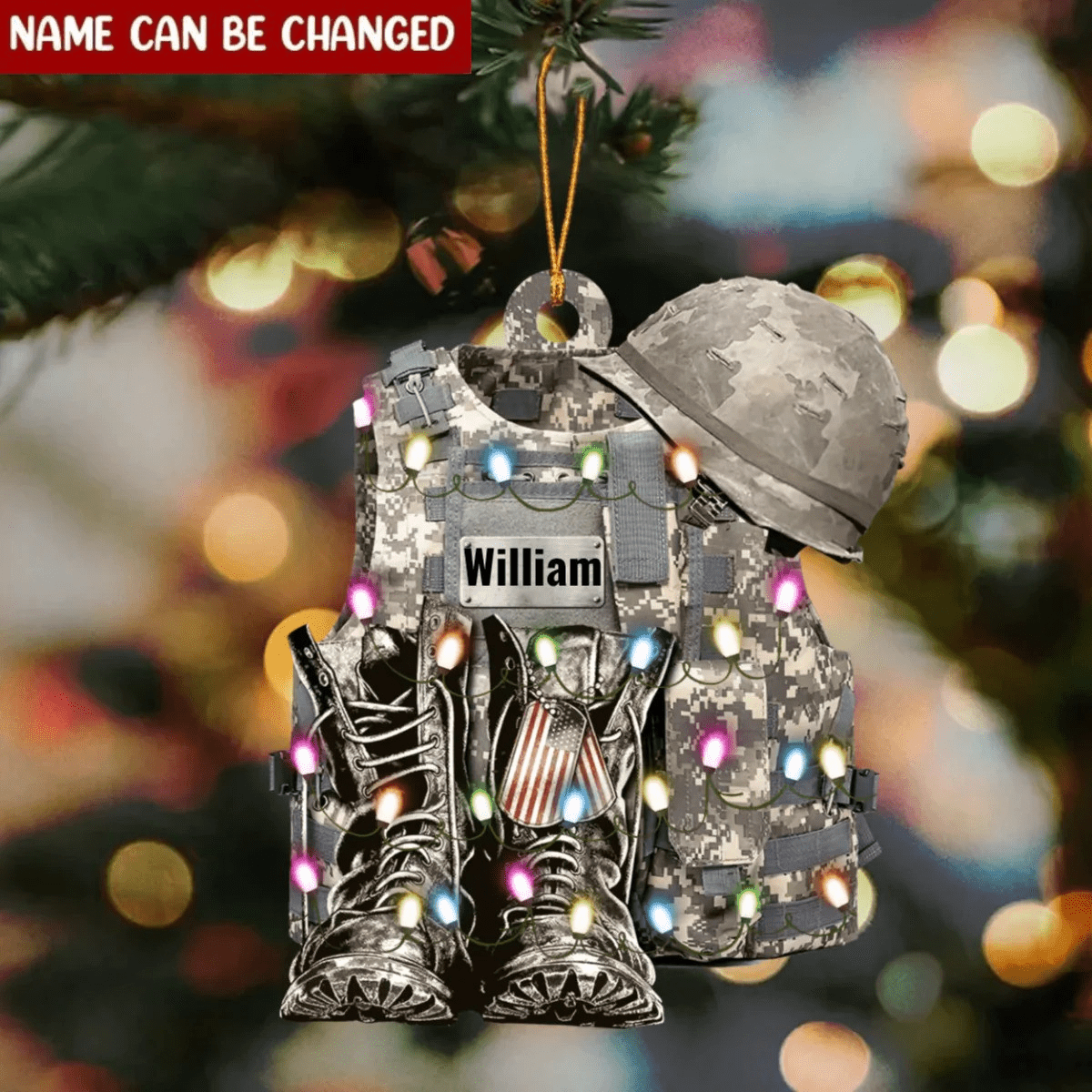 Military Uniform - Boots & Hat - Personalized Flat Acrylic Ornament with Christmas Lights