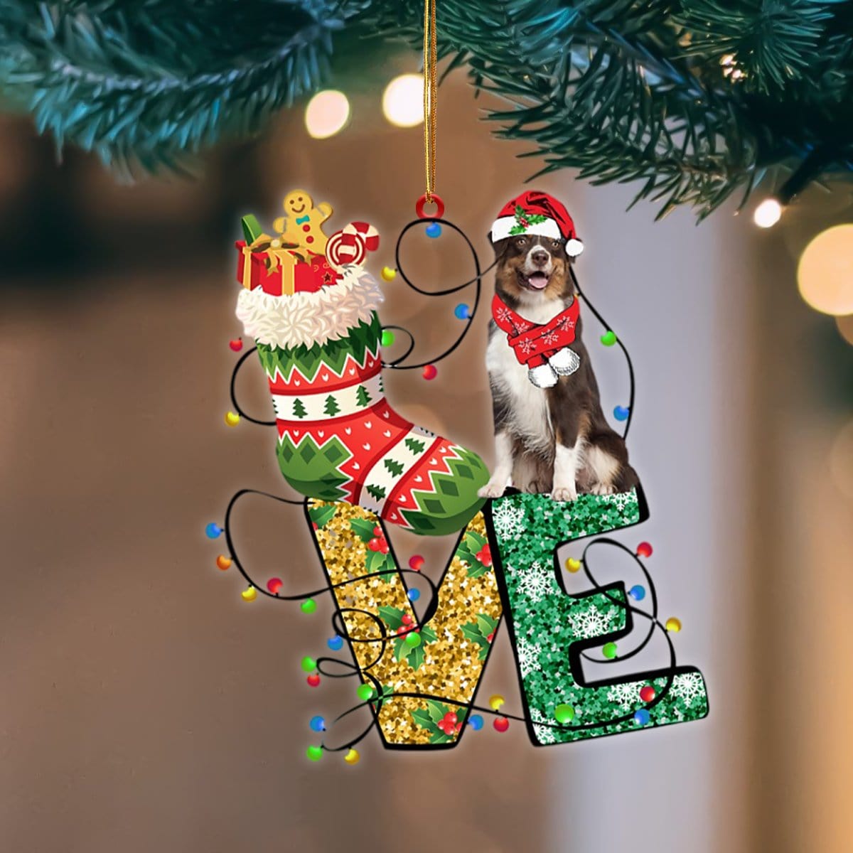 Australian Shepherd LOVE Stocking Merry Christmas Hanging Ornament