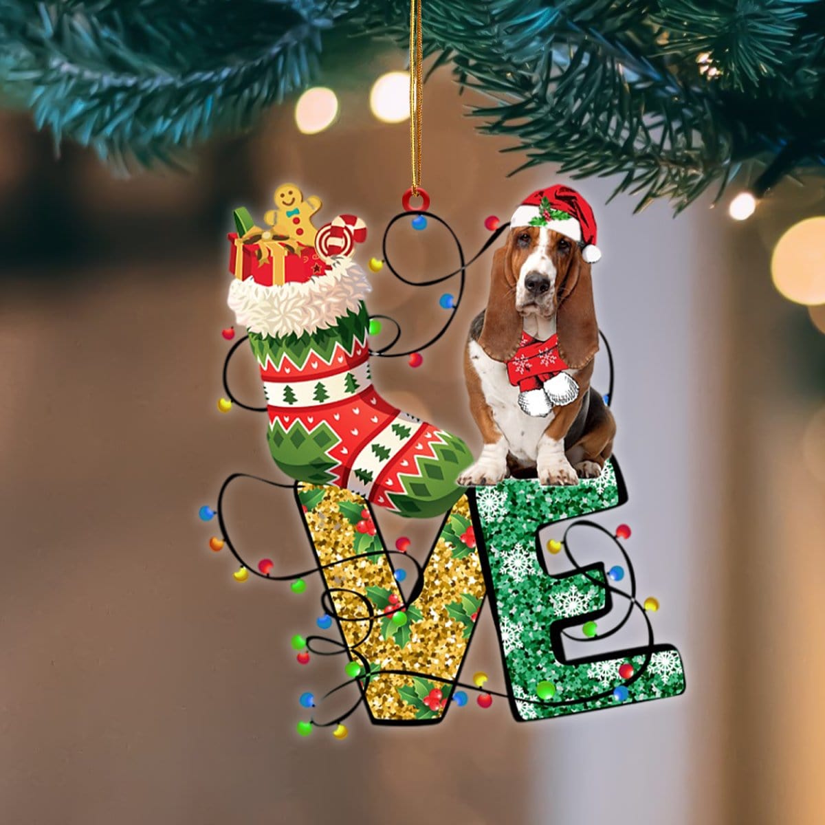 Basset Hound LOVE Stocking Merry Christmas Hanging Ornament