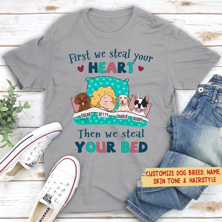DOGS STEAL YOUR BED - PERSONALIZED CUSTOM UNISEX T-SHIRT