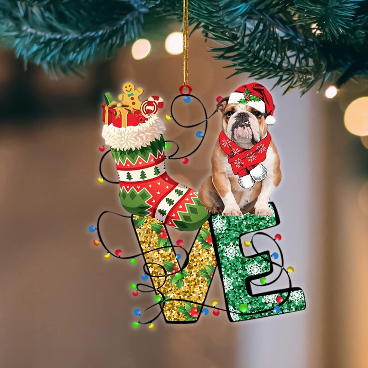 English Bulldog LOVE Stocking Merry Christmas Hanging Ornament