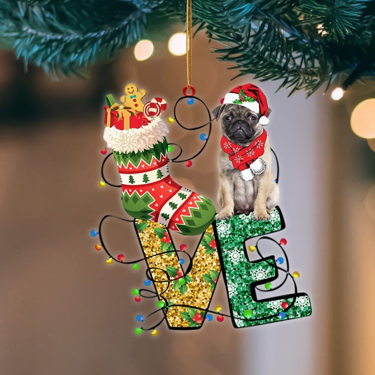 Pug LOVE Stocking Merry Christmas Hanging Ornament