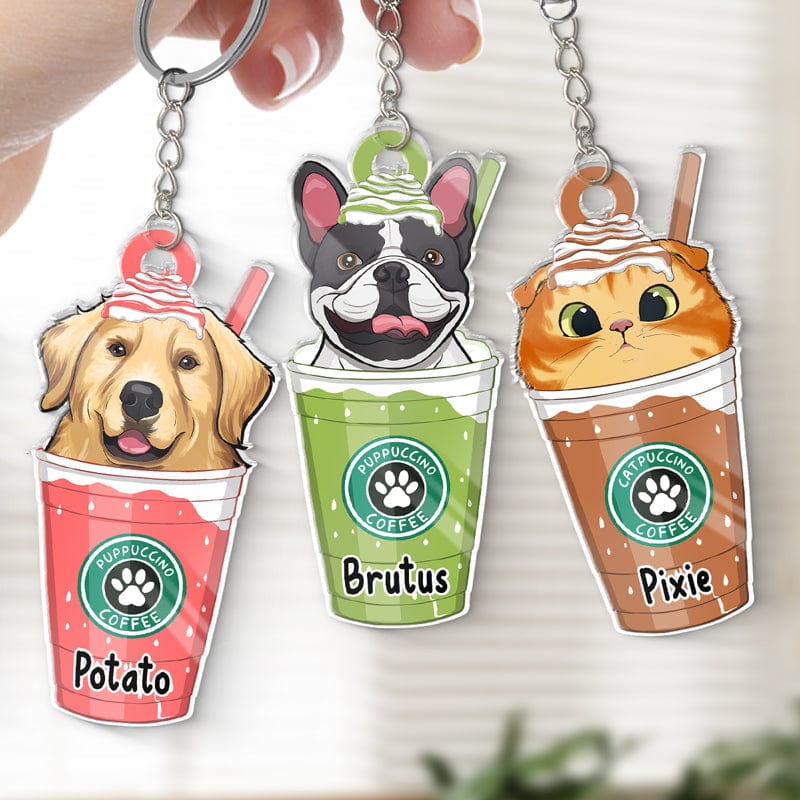 Catpuccino / Puppuccino Coffee - Dog & Cat Personalized Custom Flower Shaped Acrylic Keychain - Gift For Pet Owners, Pet Lovers