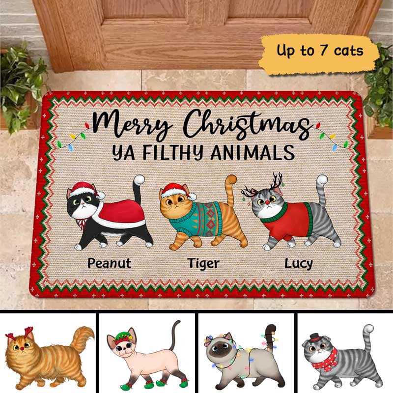 Merry Christmas Ya Filthy Animals Walking Fluffy Cat Personalized Doormat