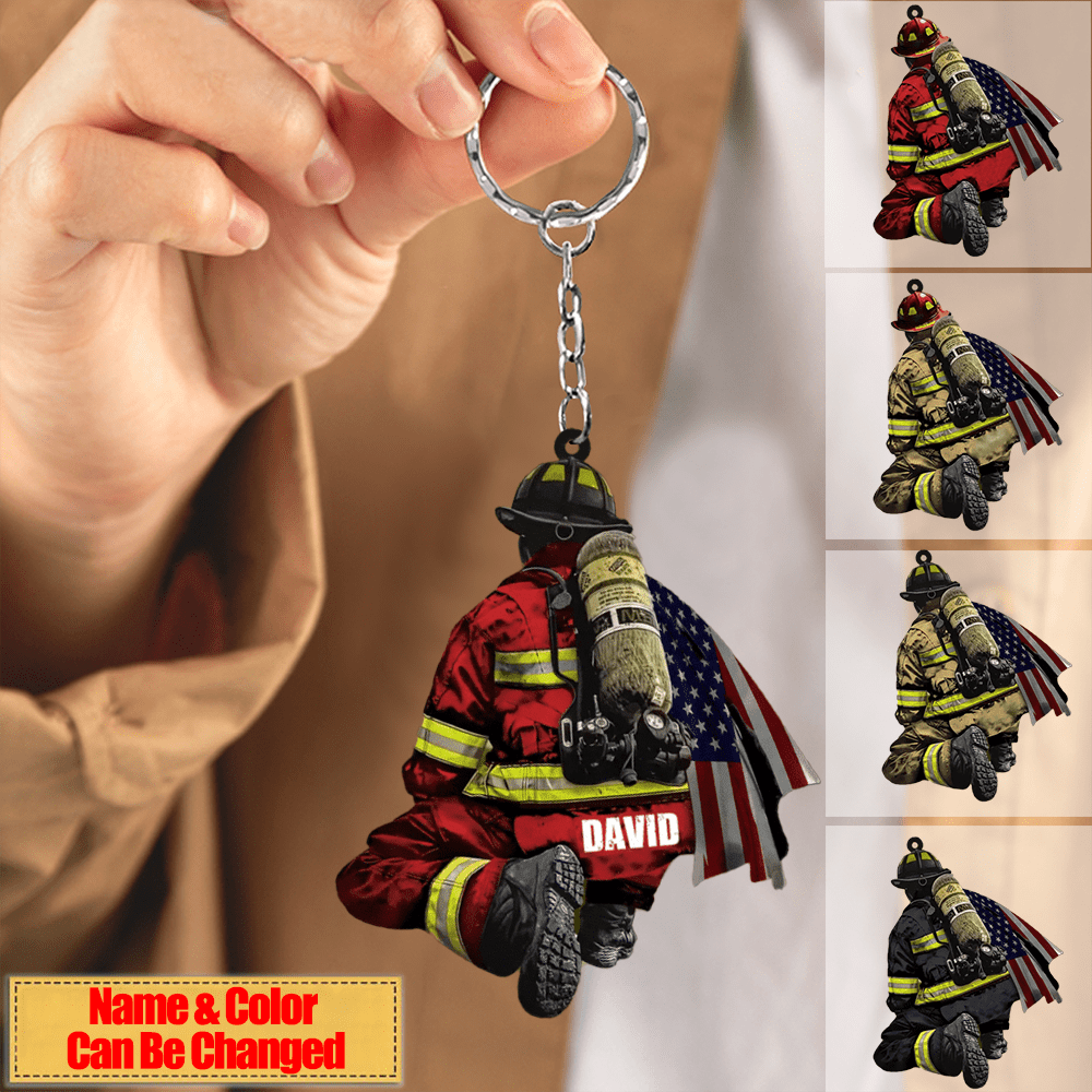 Personalized Firefighter and Fire Extinguisher Christmas Keychain for Fireman, US Flag Firefighter Keychain